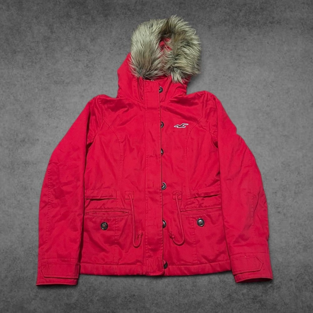 Hollister Mens Y2K Utility Parka Jacket Red Faux Fur Hood Plaid Lined Medium